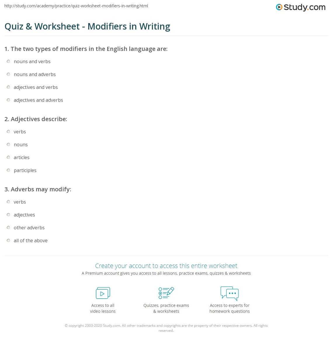 grammar modifiers worksheets