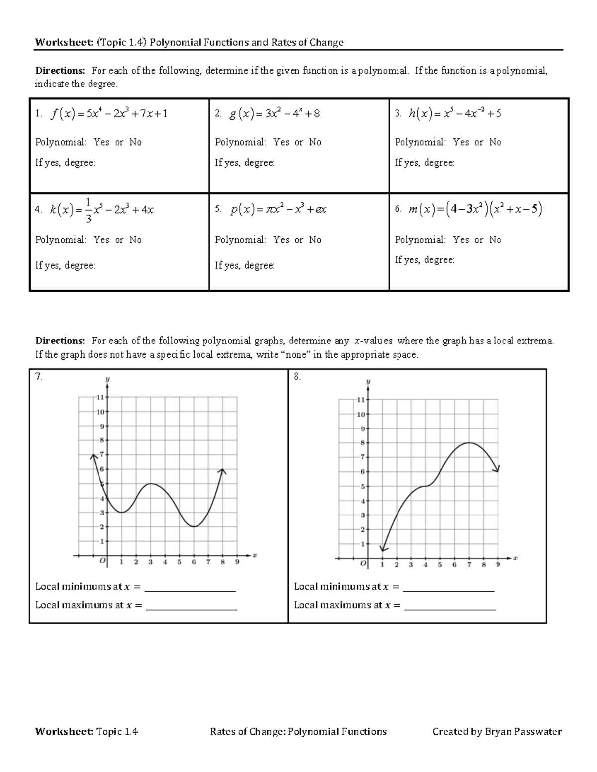 graph of polynomial function worksheet