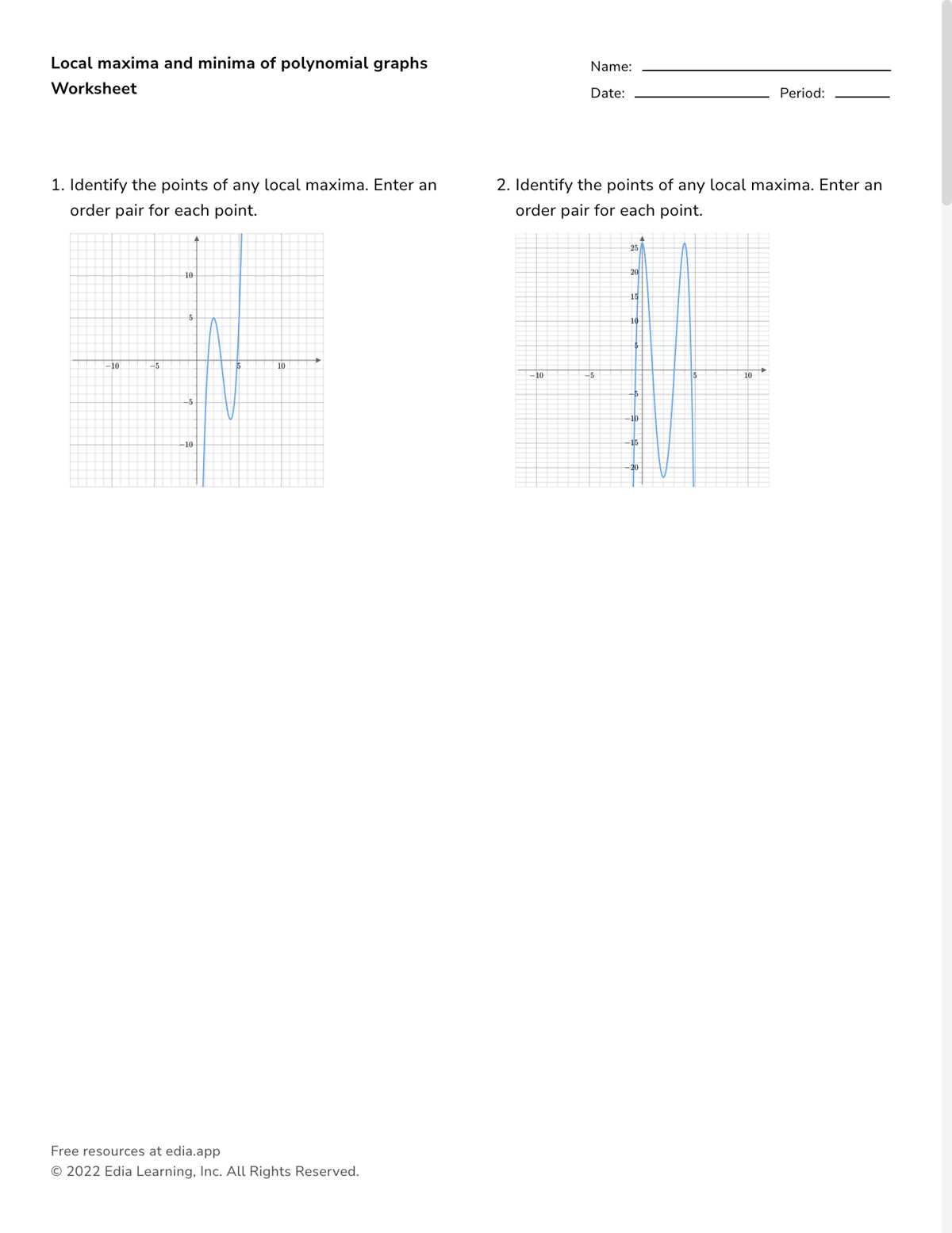 graph of polynomial function worksheet