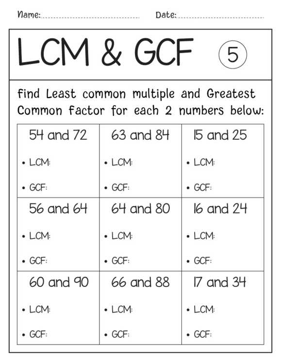 greatest common factor and least common multiple worksheet
