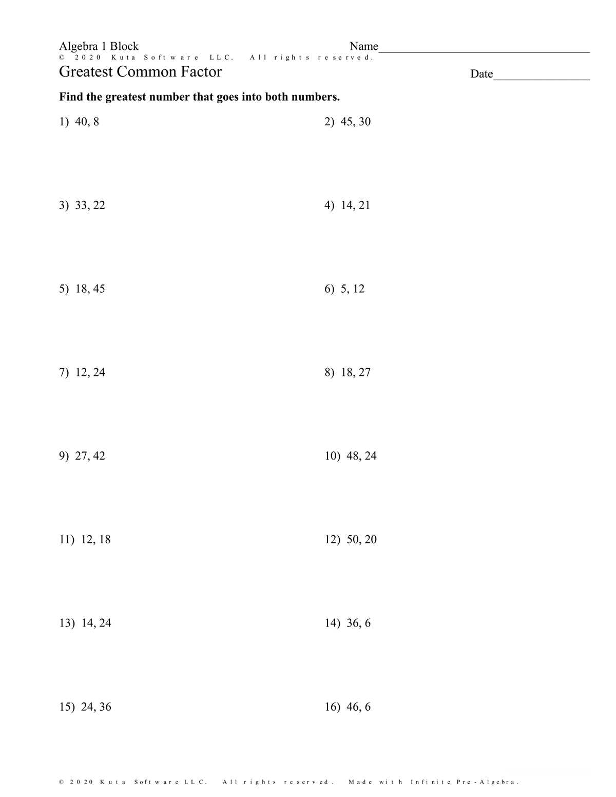 greatest common factor worksheet