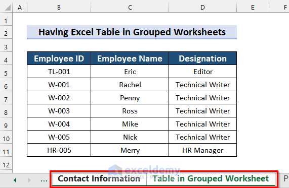 grouped worksheets excel