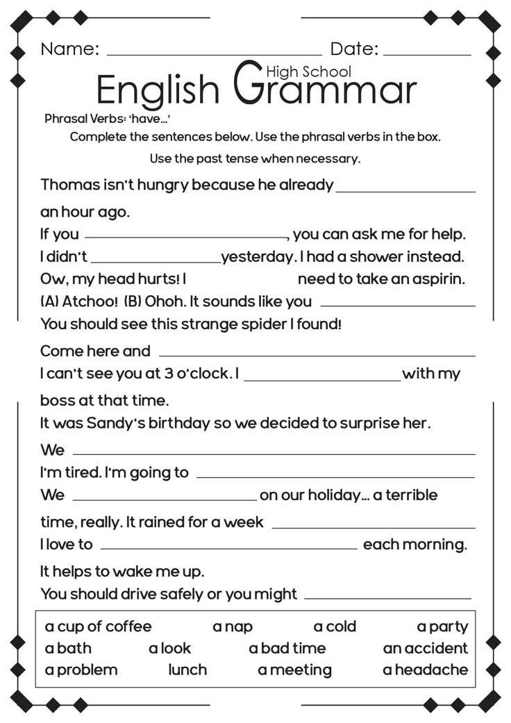 high school english worksheets