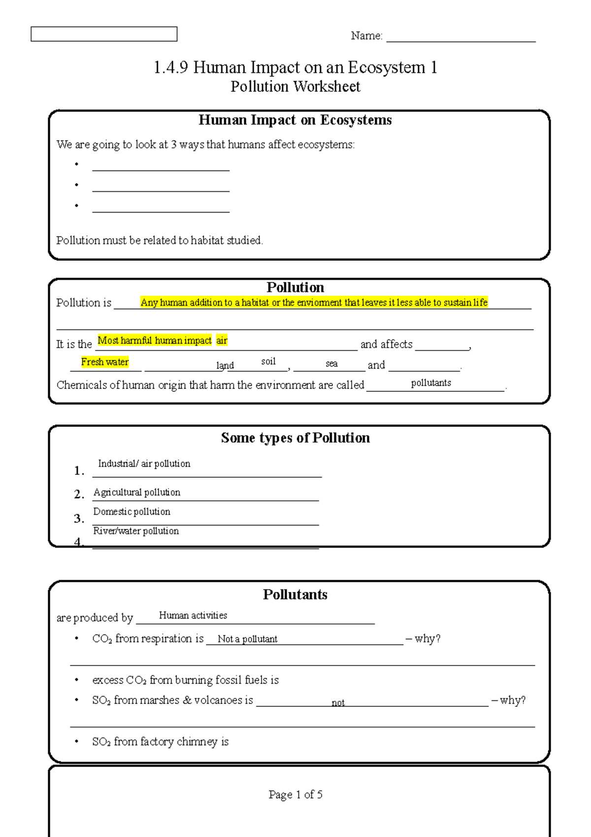 human impact on the environment worksheet