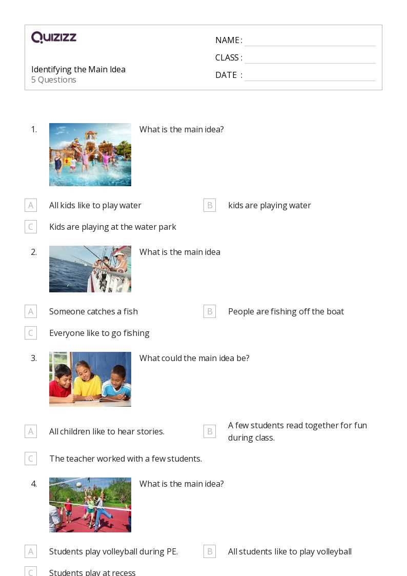 identifying main idea worksheets