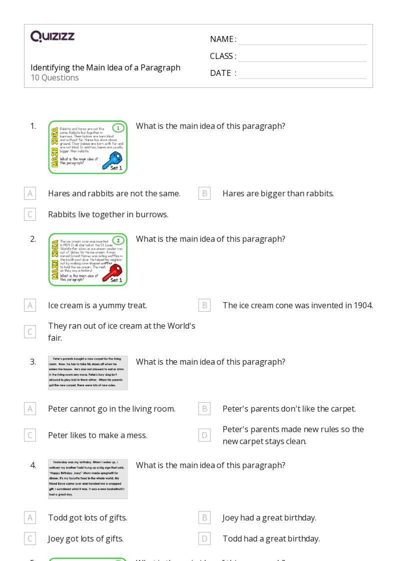 identifying main idea worksheets
