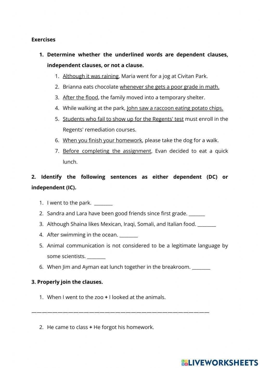 independent and dependent clauses worksheet