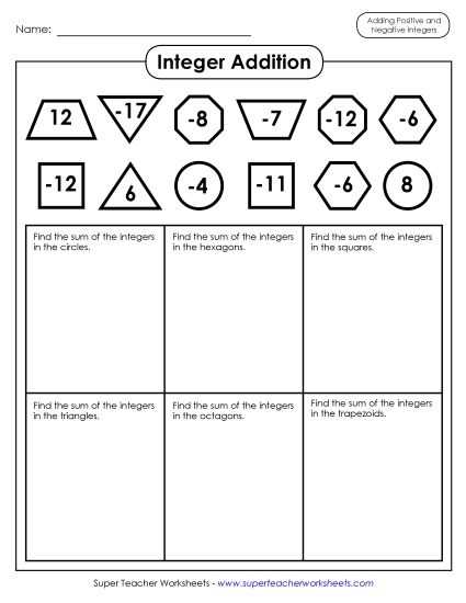 integers subtraction worksheet