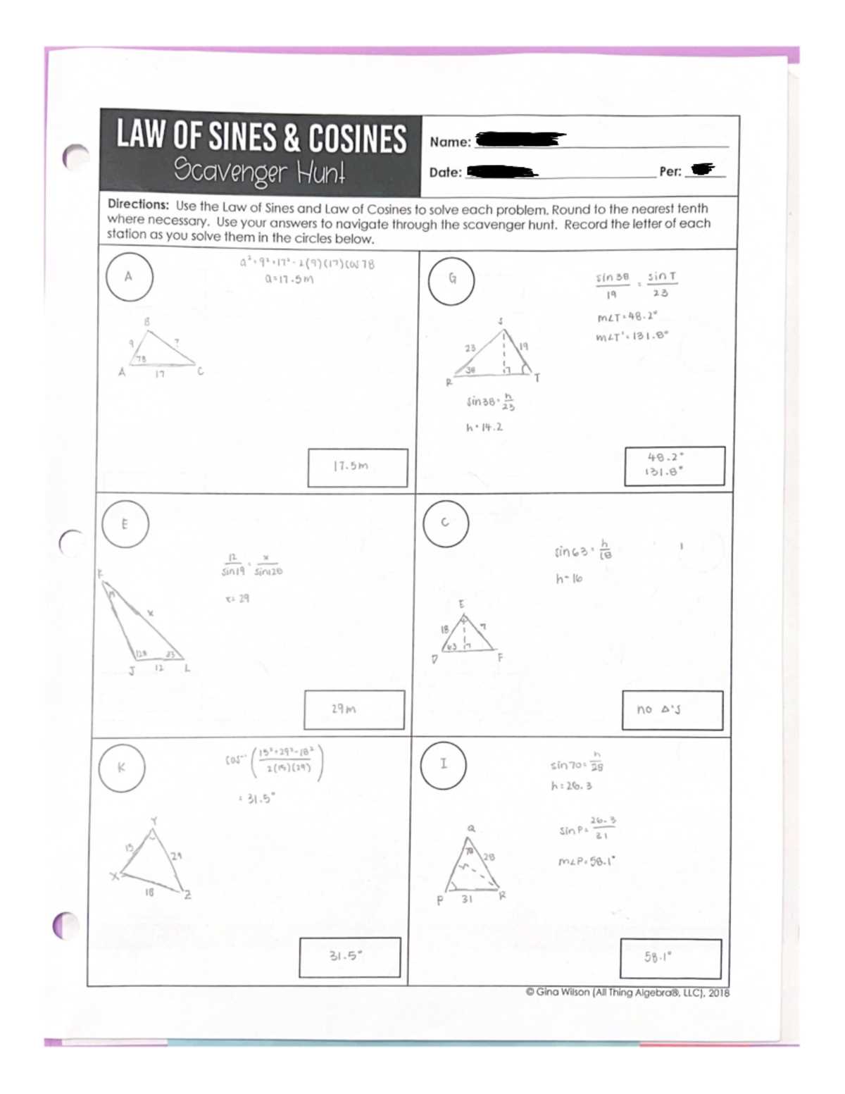 law of sines and cosines worksheet