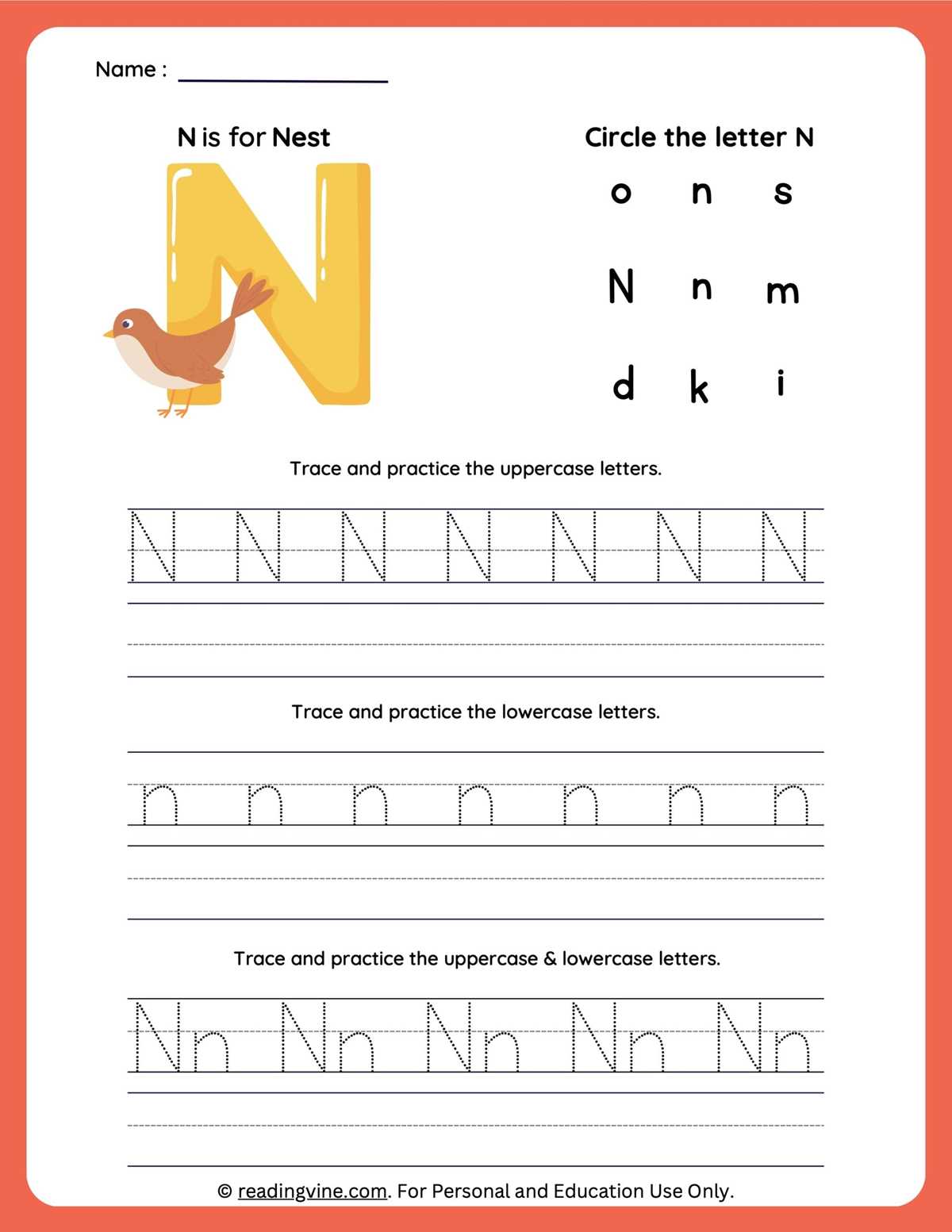 letter n worksheet for preschool