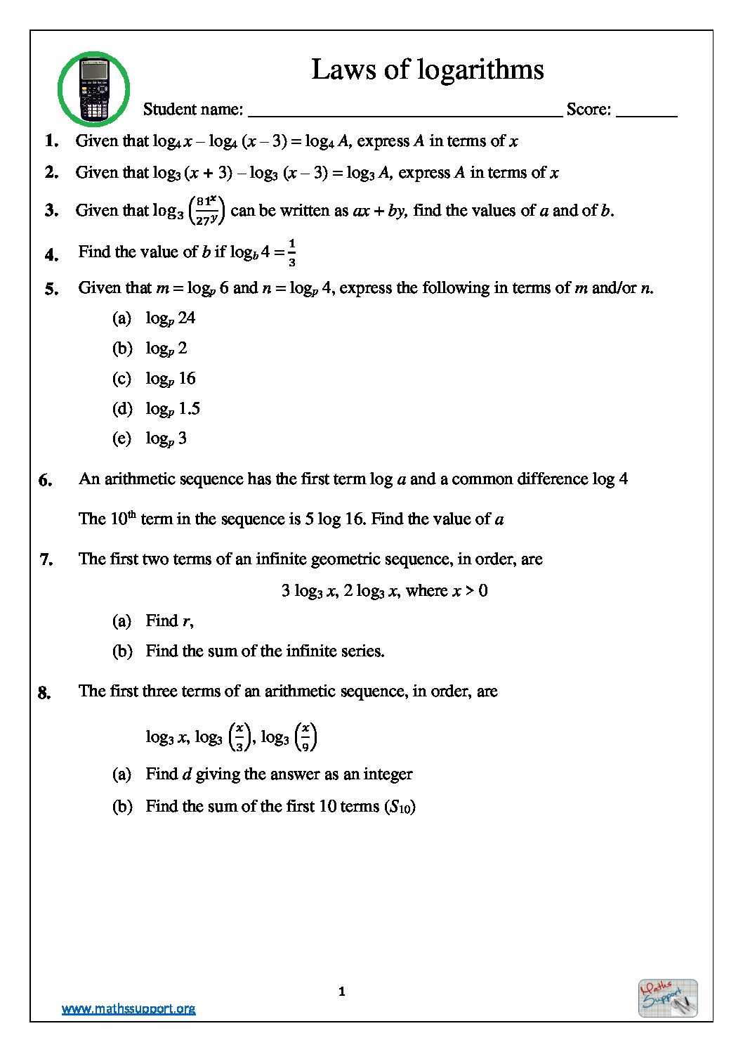logarithm laws worksheet