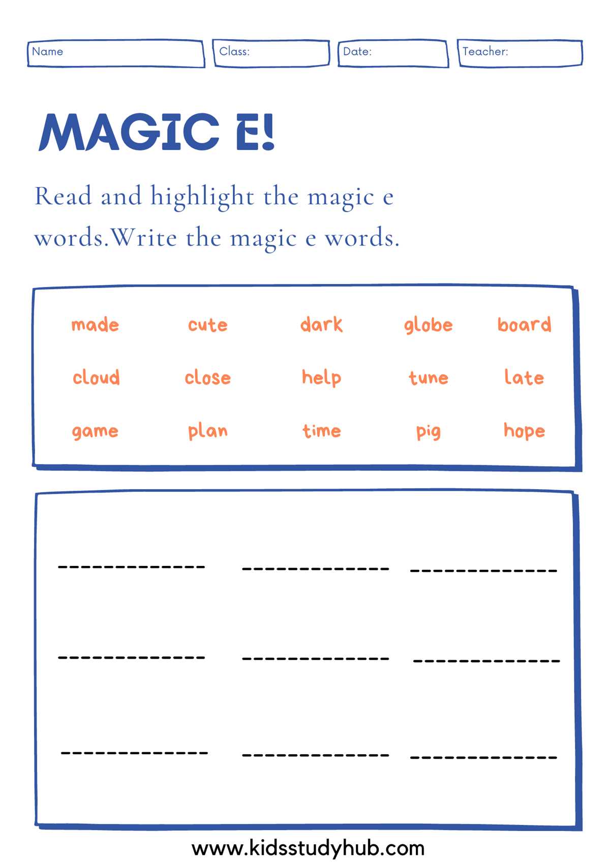 long a magic e worksheets
