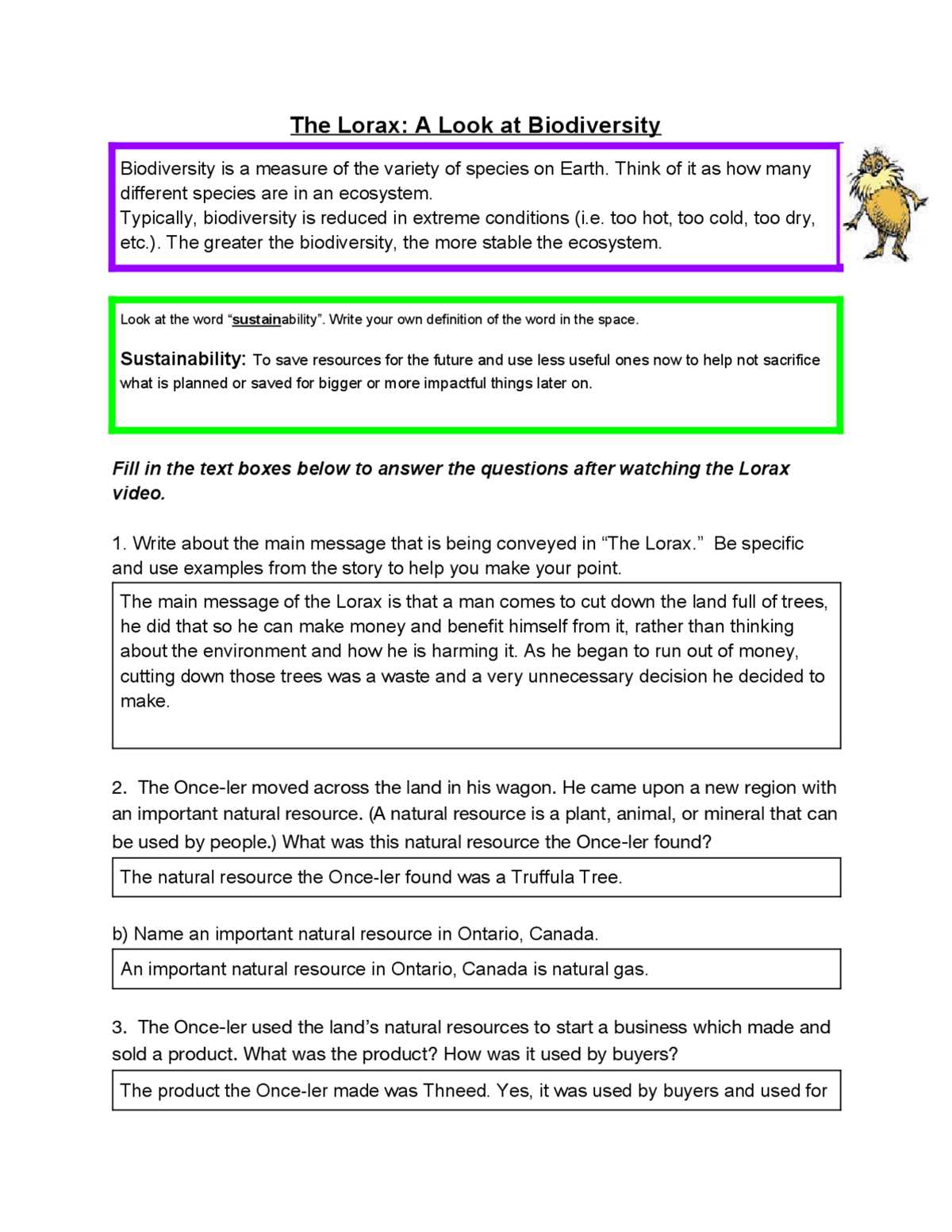 lorax worksheets