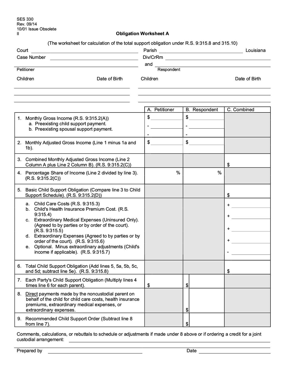 louisiana child support worksheet