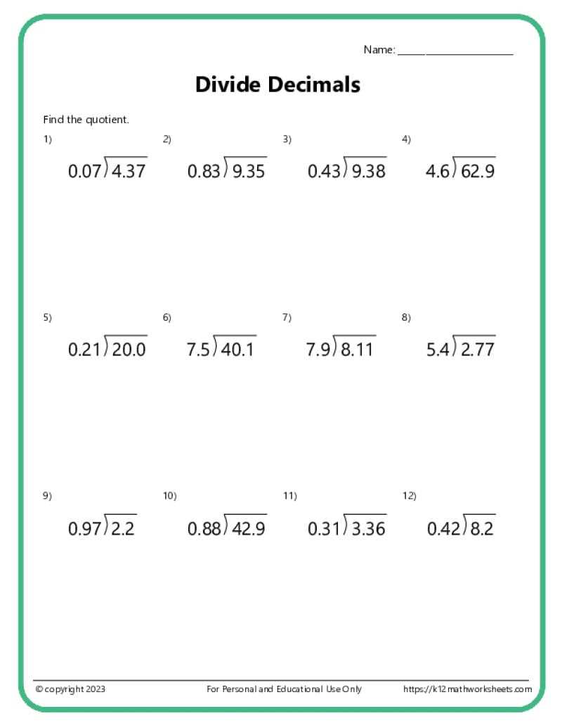 mathematics decimals worksheets