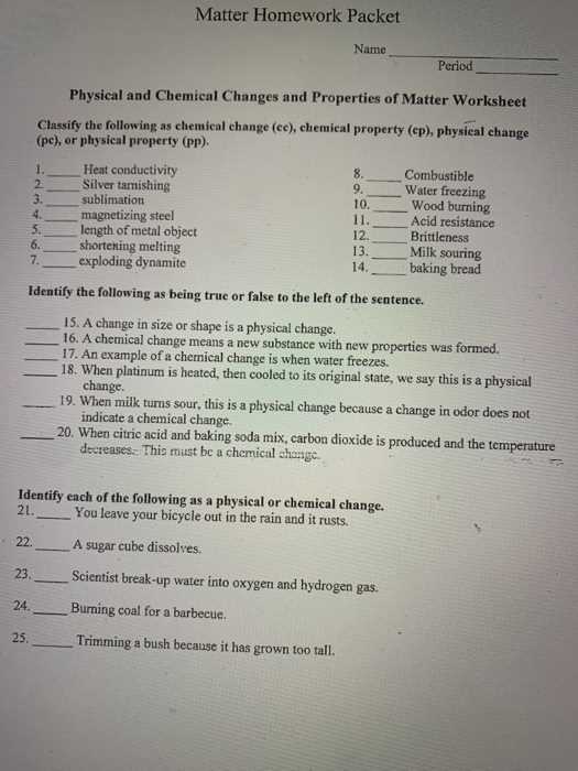 matter properties and changes worksheet