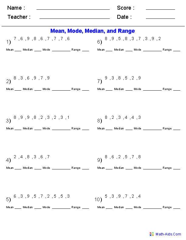 median mode range mean worksheets