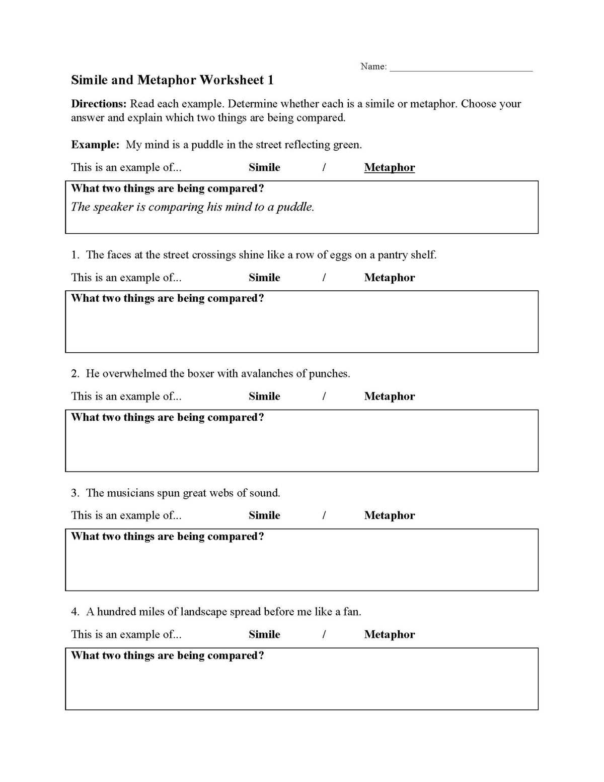 metaphor and simile worksheet