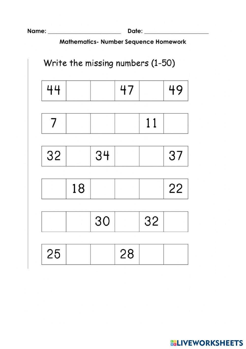 missing numbers worksheet 1 to 50