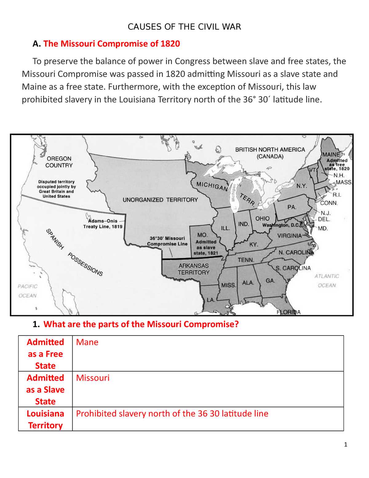missouri compromise of 1820 worksheet
