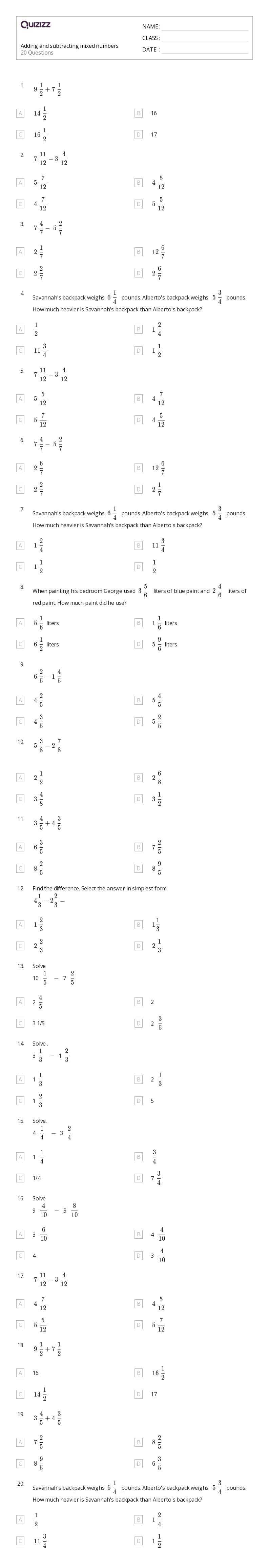 mixed number addition worksheet