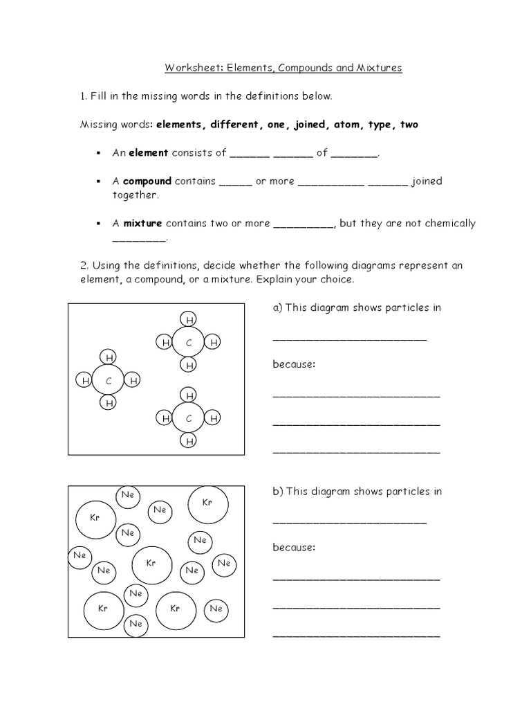 mixtures compounds and elements worksheet