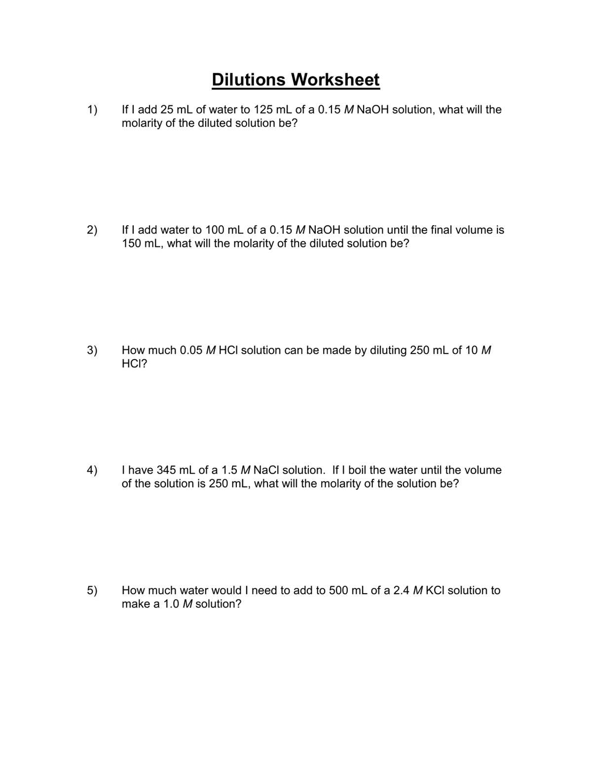 molarity and dilutions worksheet