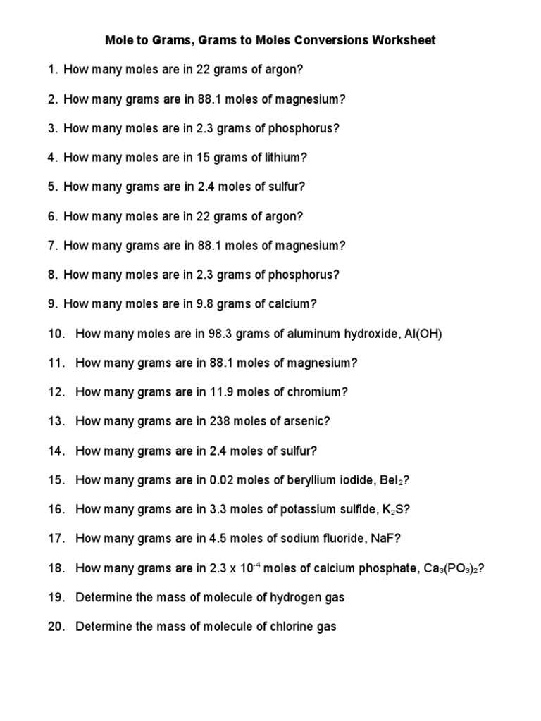 moles and grams conversion worksheet