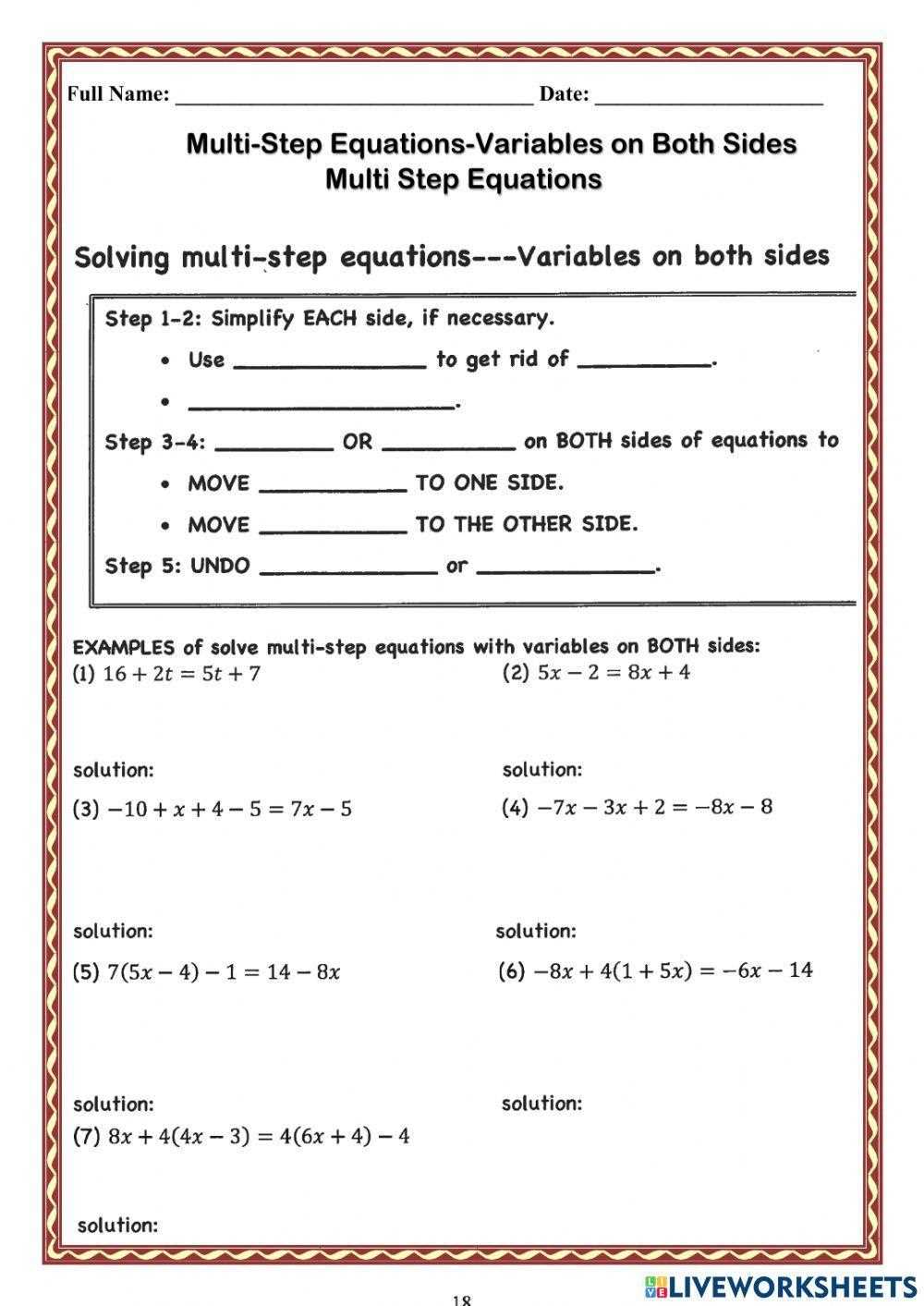 multi step equations with variables on both sides worksheets