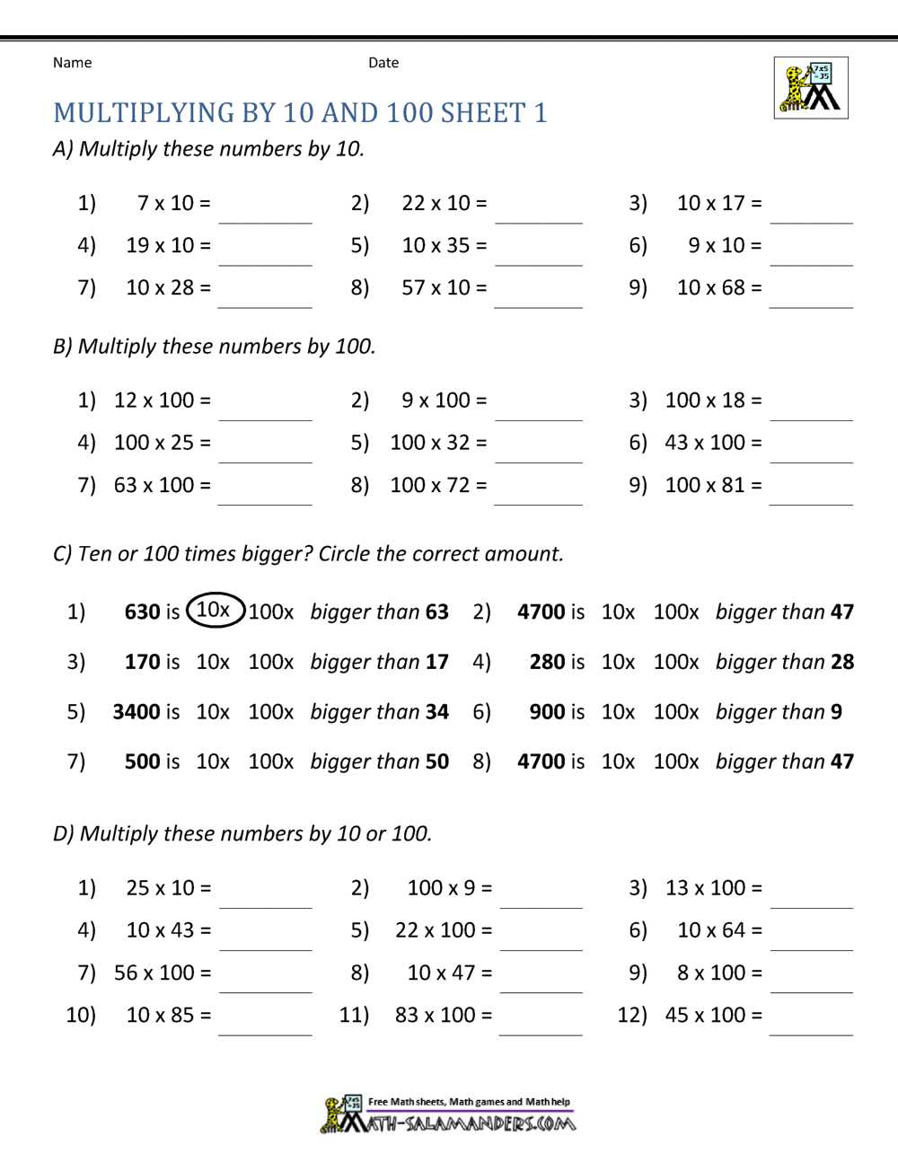 multiply by 10 worksheet