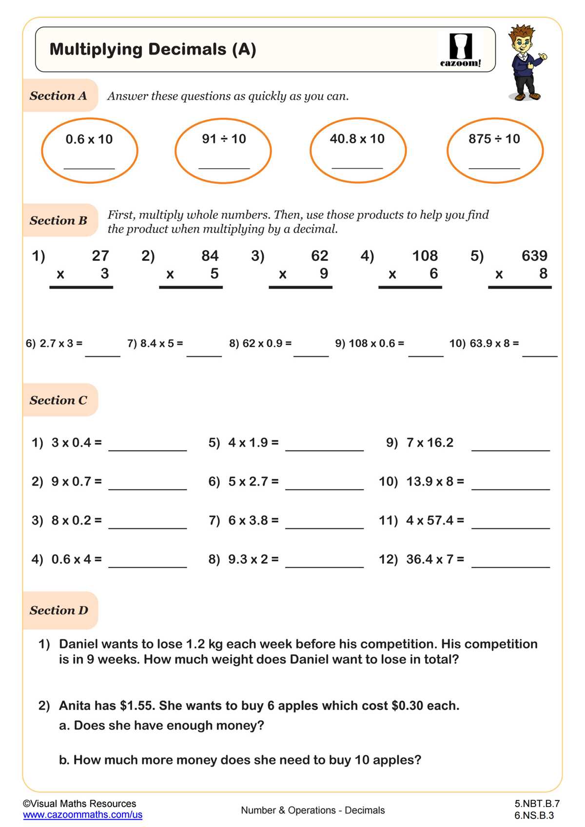 multiply decimals by whole numbers worksheet