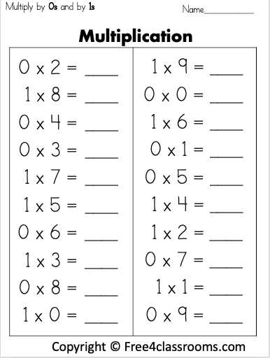 multiplying by 0 and 1 worksheets