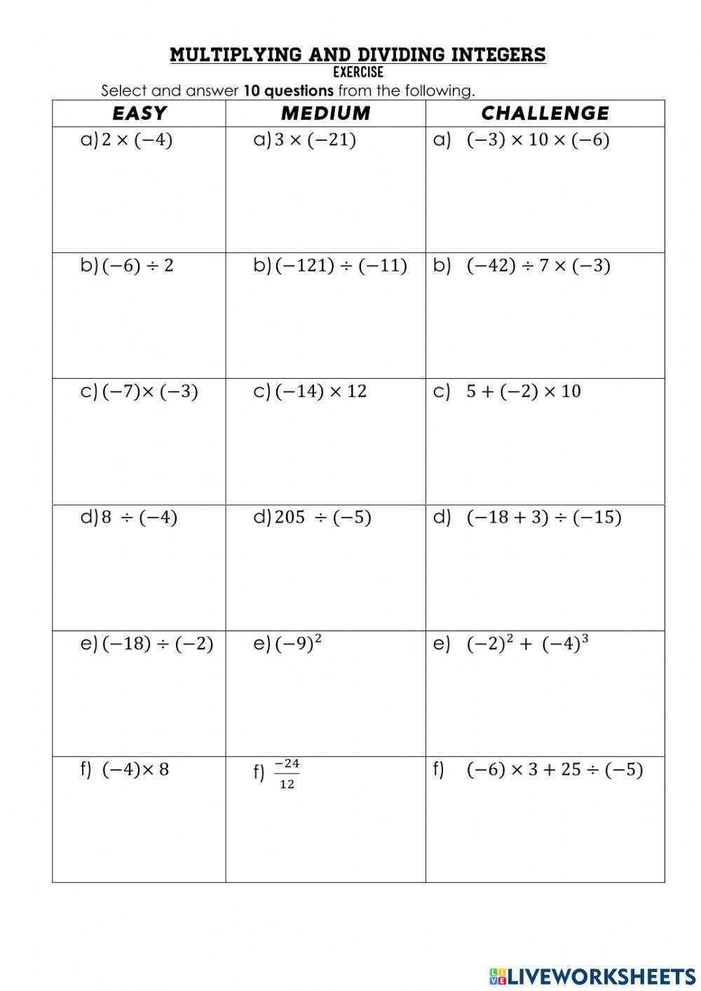 multiplying dividing integers worksheet