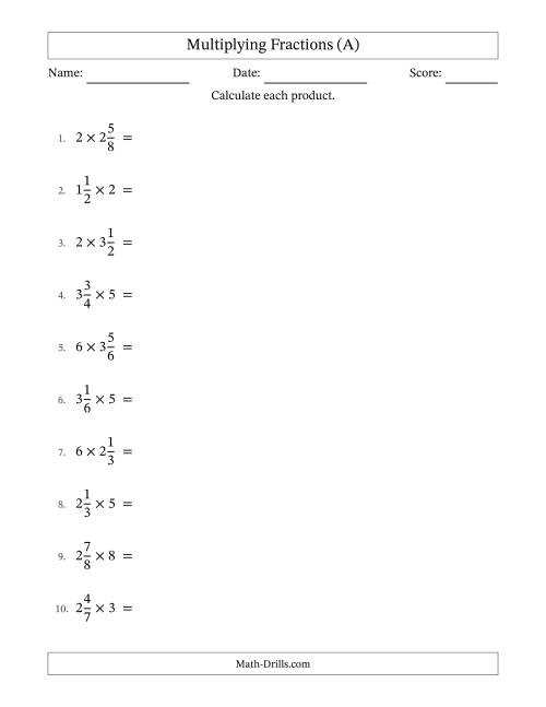 multiplying mixed numbers and fractions worksheet