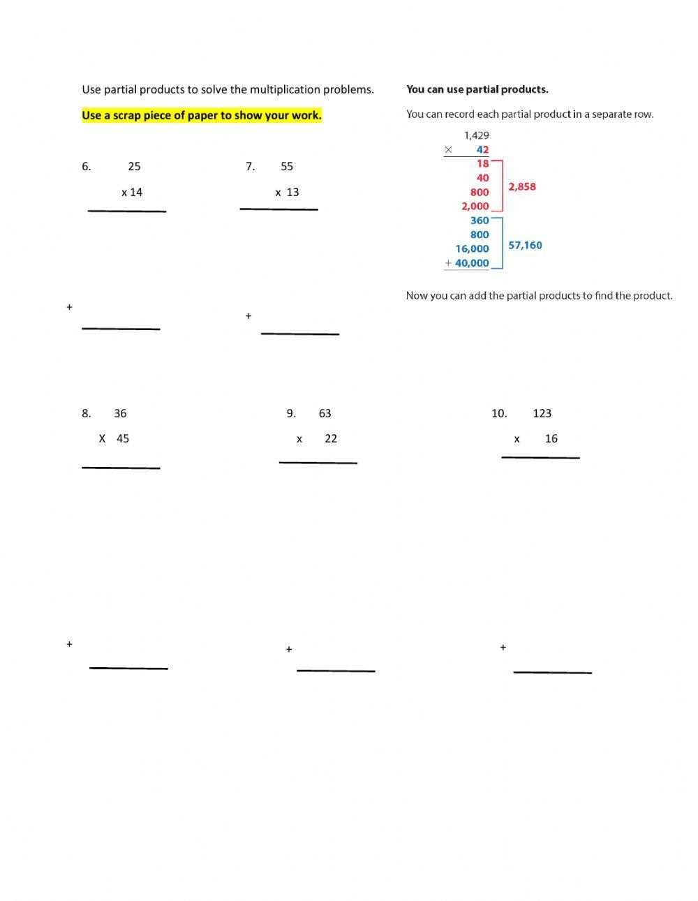 multiplying partial products worksheets