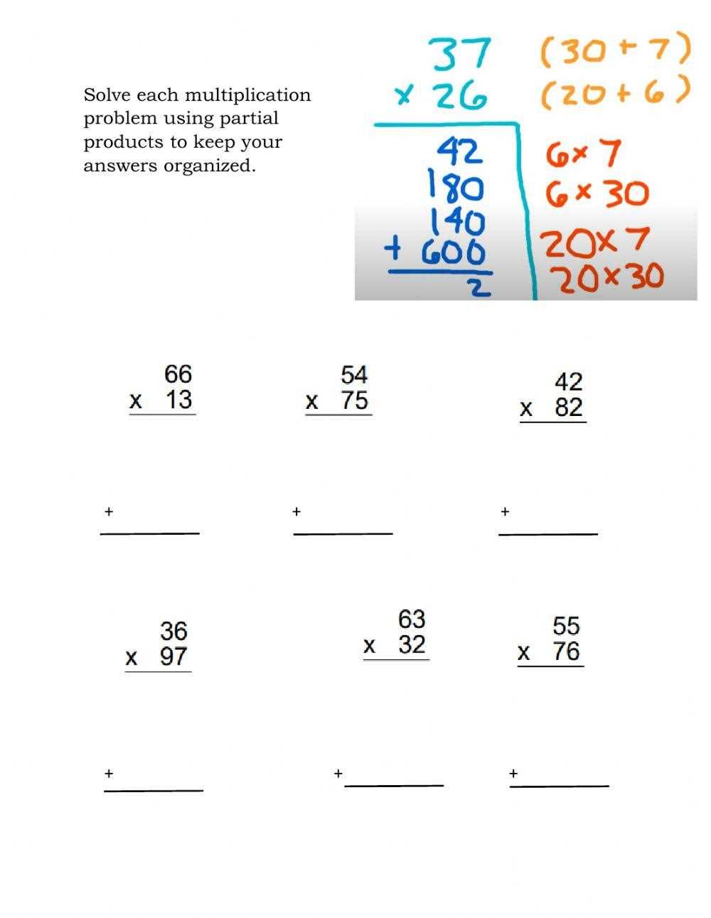 multiplying partial products worksheets