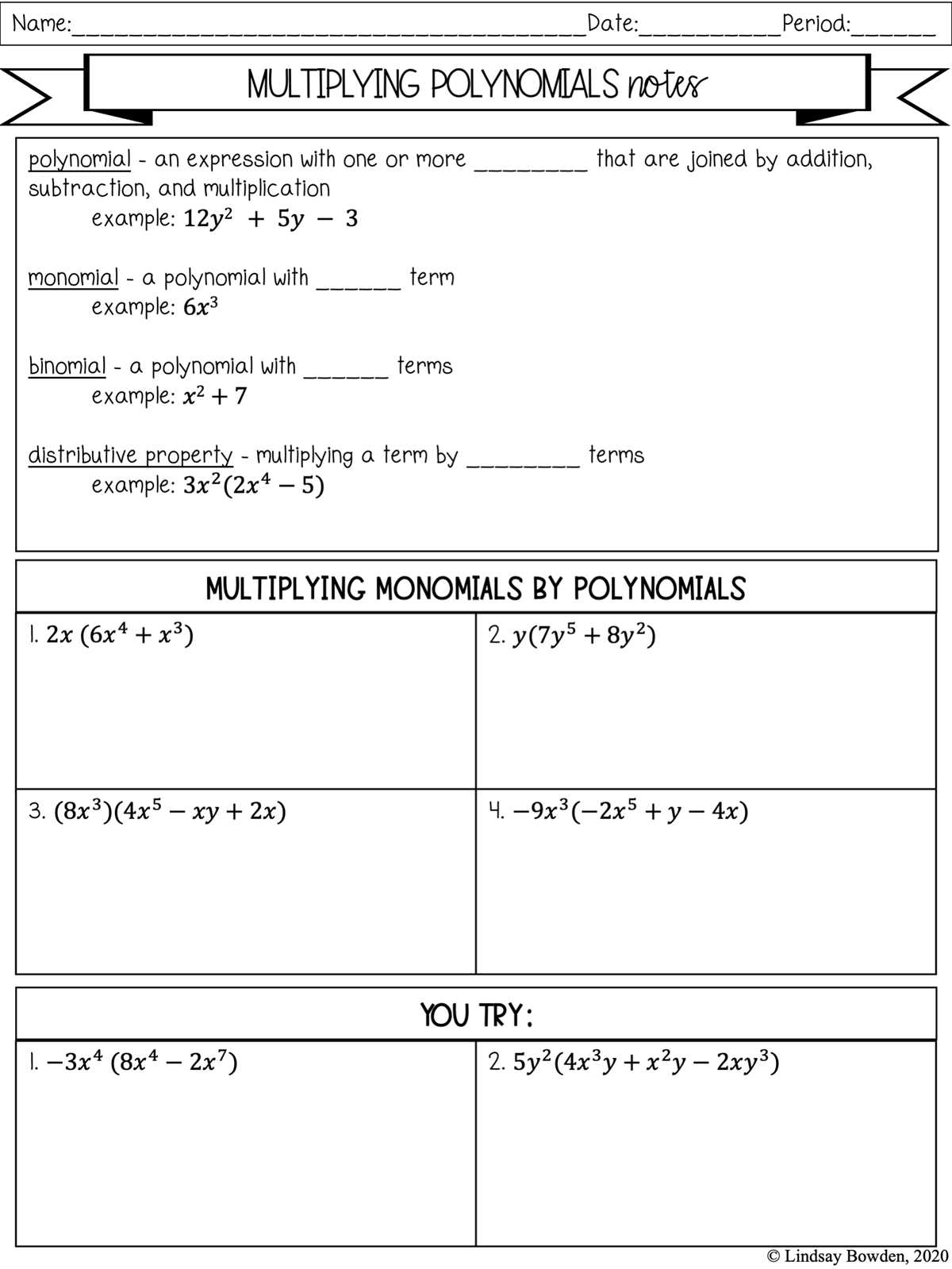 multiplying polynomials by polynomials worksheet