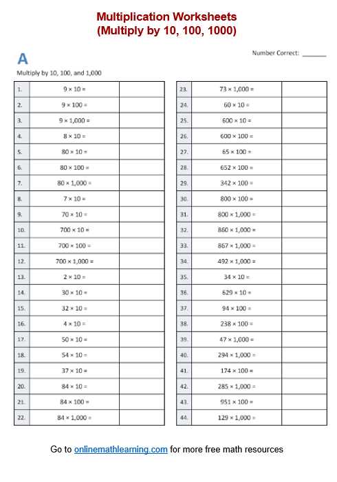 multiplying with zeros worksheets