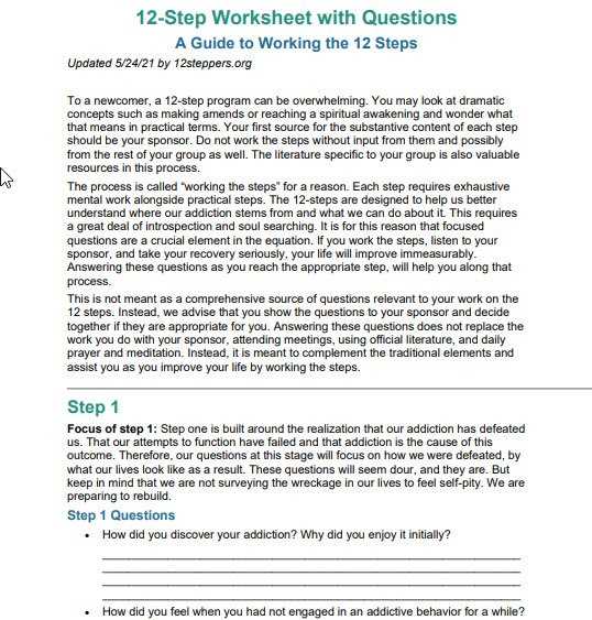 narcotics anonymous step 1 worksheet
