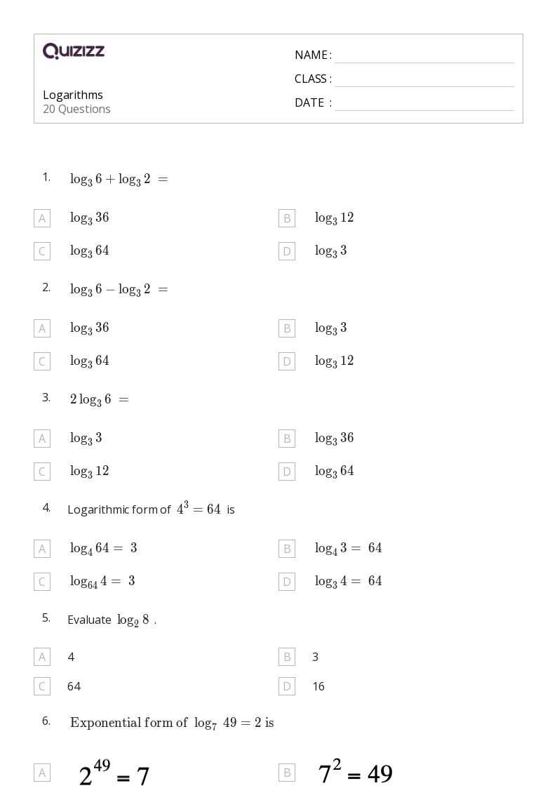 natural logarithm worksheet