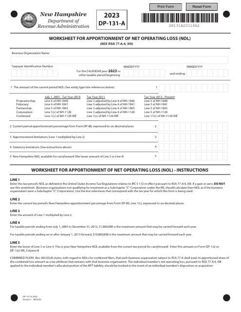 net operating loss worksheet