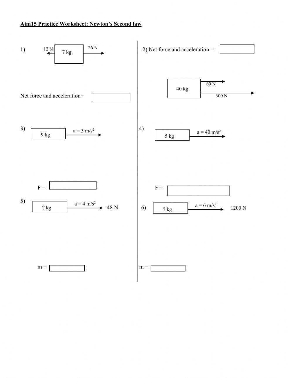 newtons second law worksheet