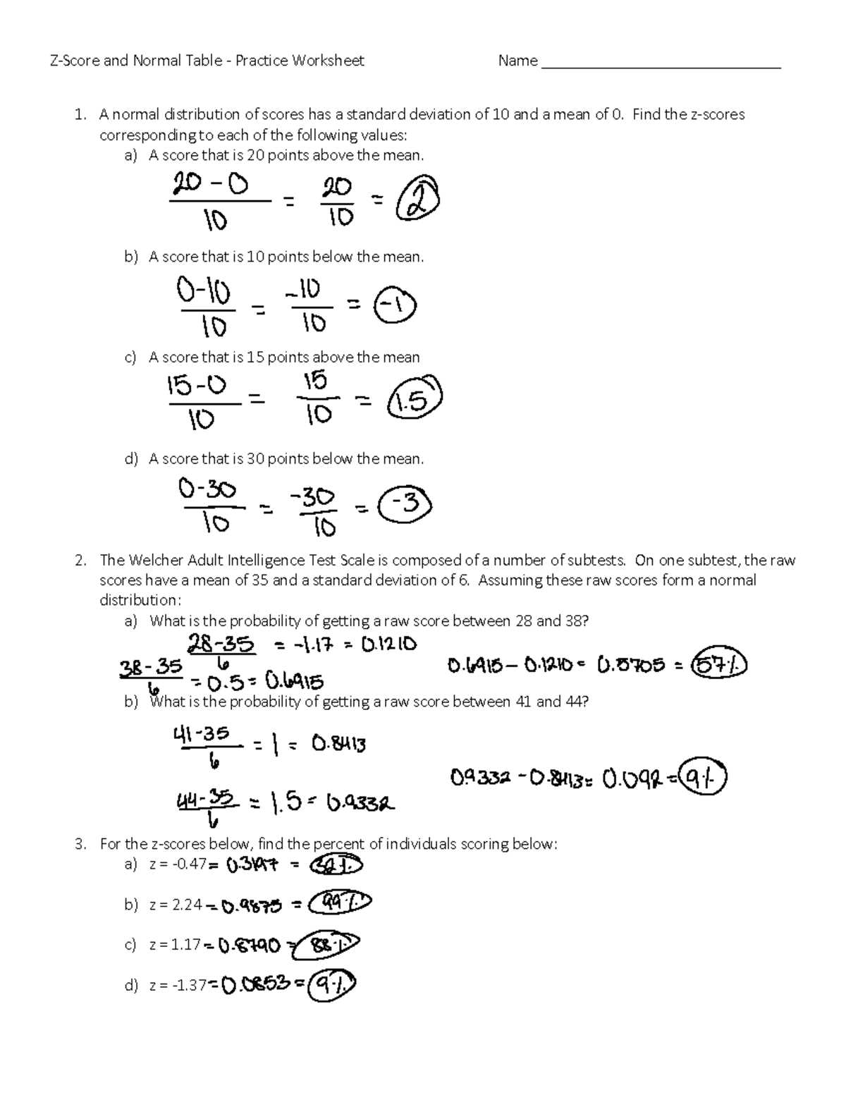 normal distribution worksheet