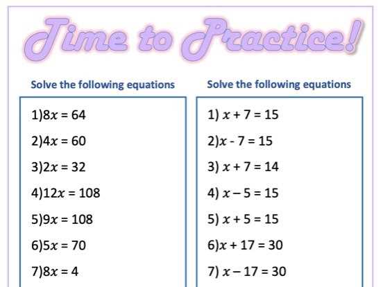 one step algebraic equations worksheet