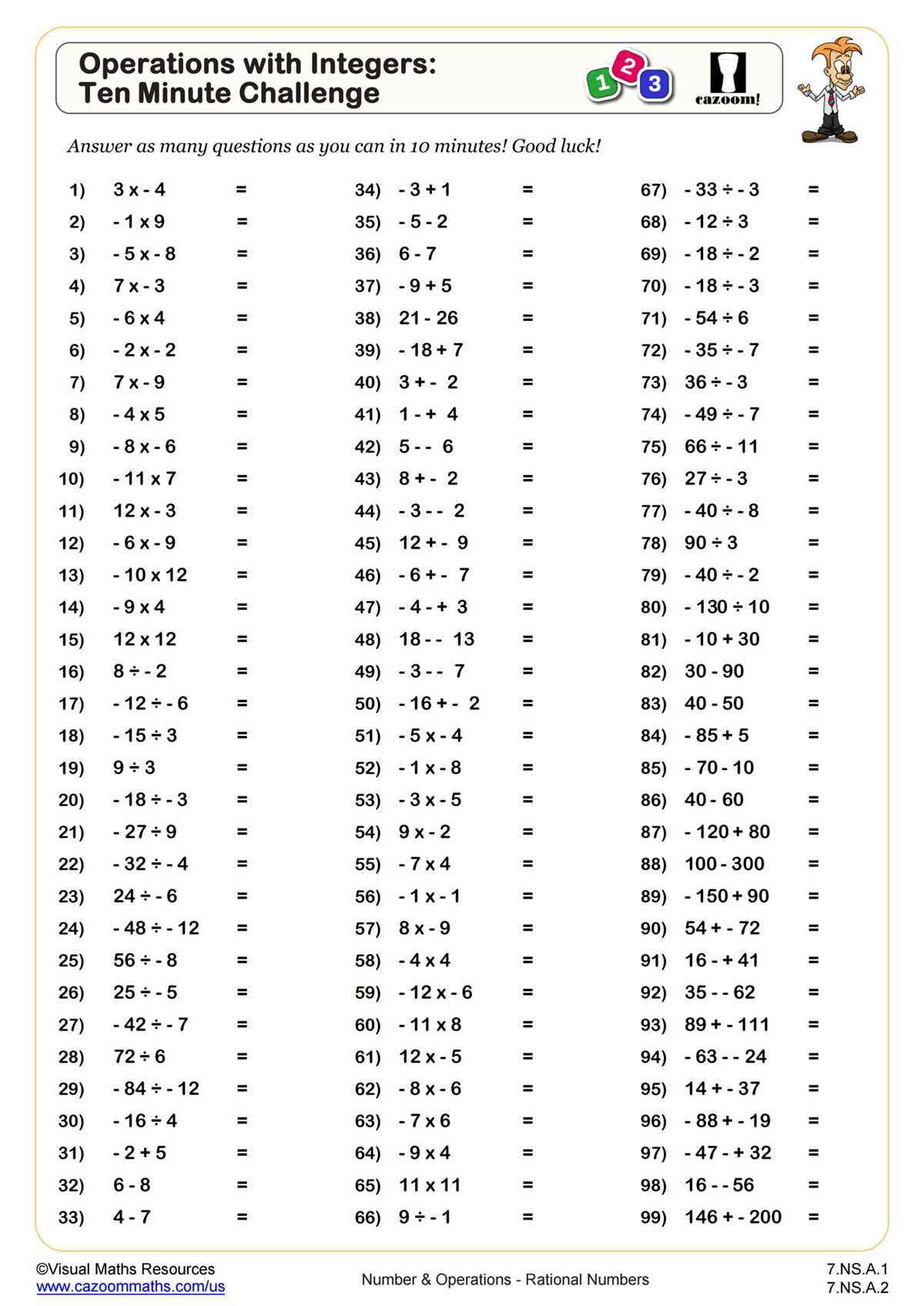operations with integers worksheet