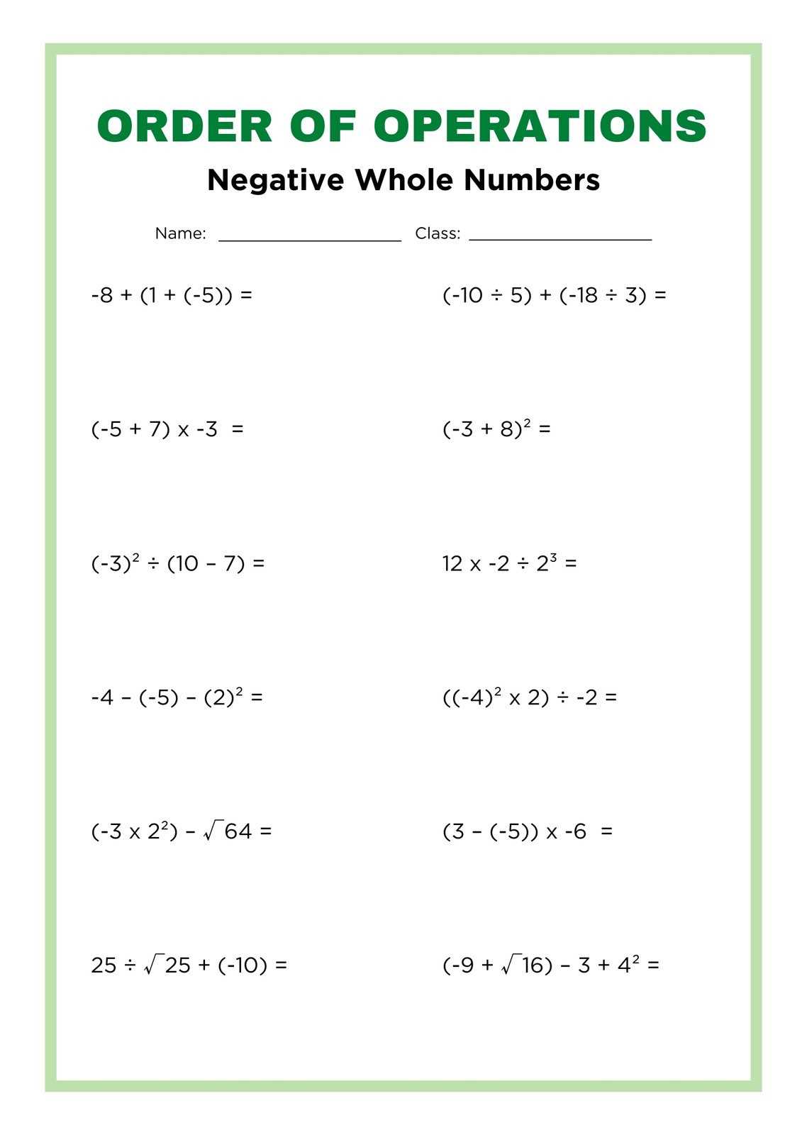 order of operations 6th grade worksheet
