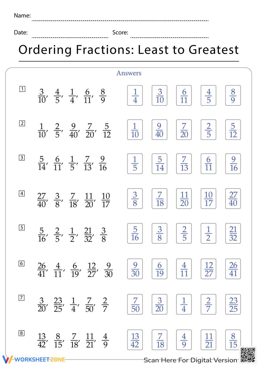 ordering fractions worksheet
