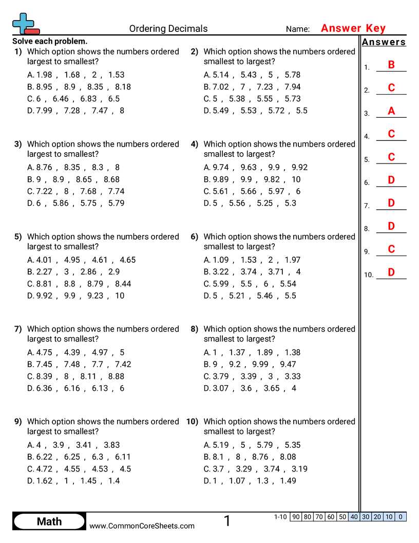 ordering of decimals worksheet