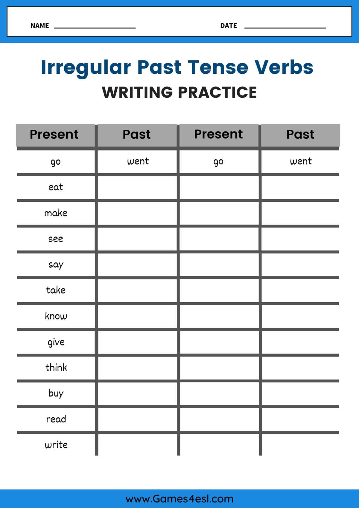 past form of verbs worksheet