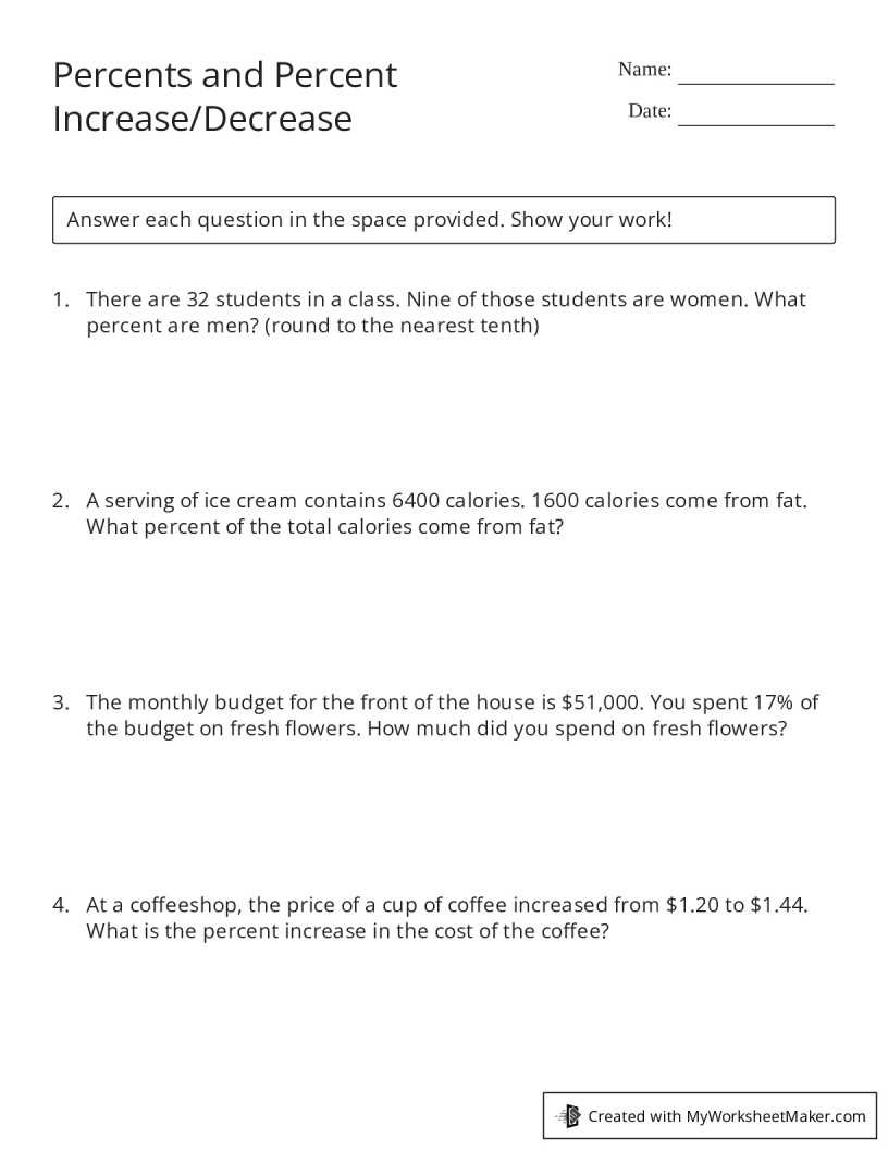 percentage increase decrease worksheet